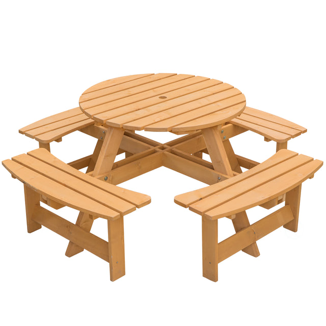 Wooden Outdoor Patio Garden Round Picnic Table with Bench, 8 Person - Stained - LEHADAR