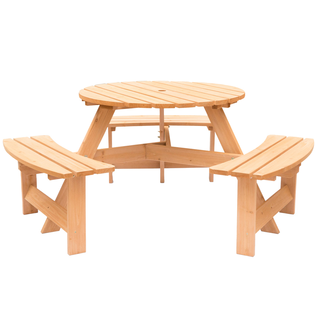 Wooden Outdoor Round Picnic Table with Bench for Patio, 6- Person with Umbrella Hole - Stained - LEHADAR