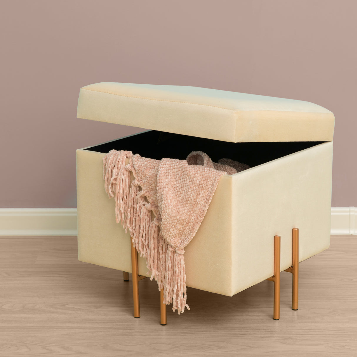 Square Velvet Storage Ottoman with Gold Legs, Ivory - LEHADAR