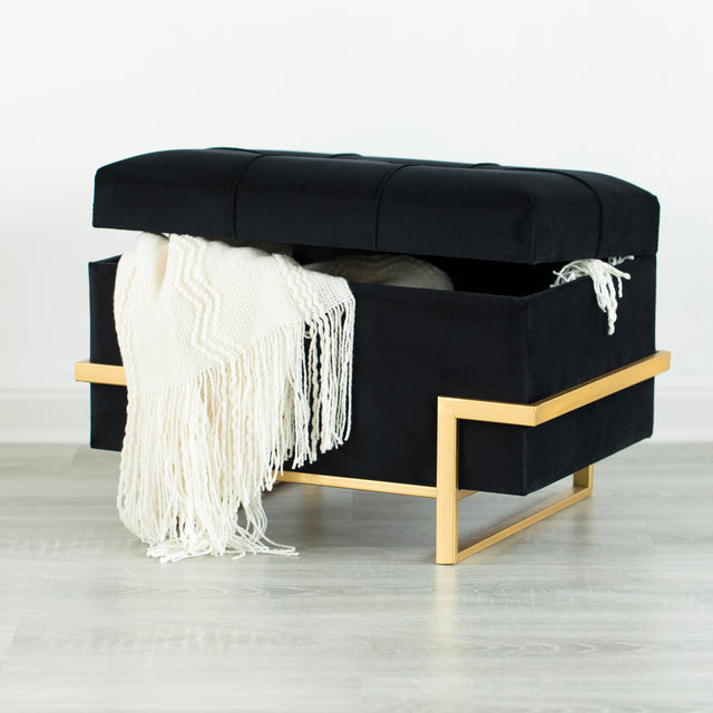 Rectangular Velvet Storage Ottoman with Gold Legs, Black - LEHADAR