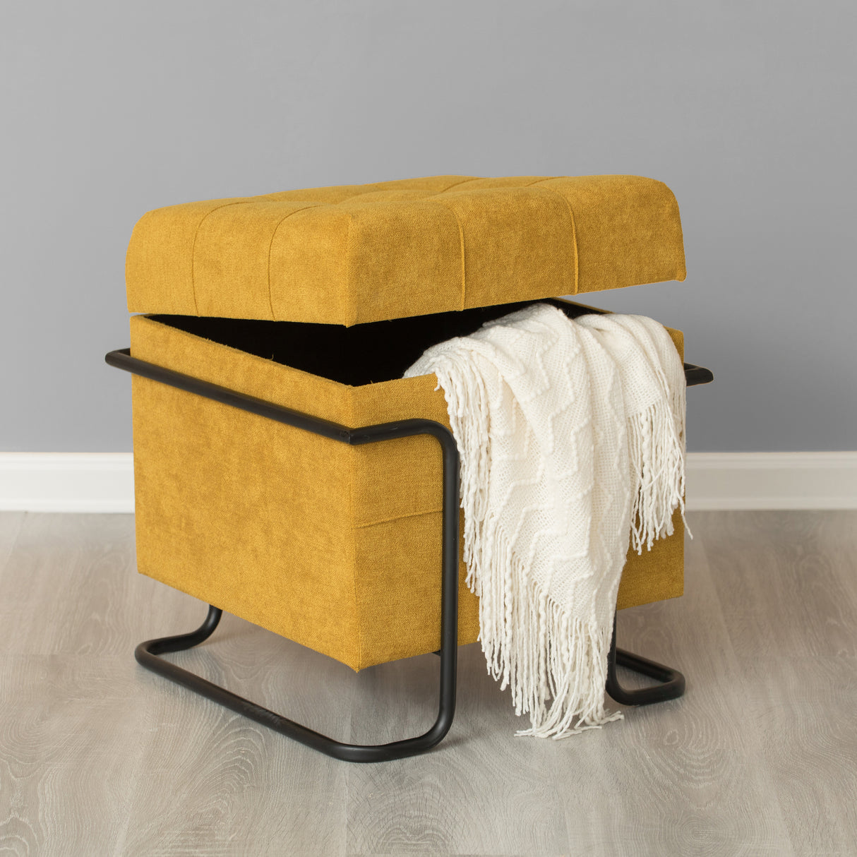 Square Fabric Storage Ottoman with Black Metal Frame, Yellow - LEHADAR