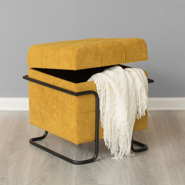 Square Fabric Storage Ottoman with Black Metal Frame, Yellow - LEHADAR