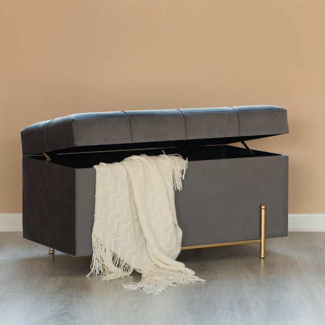 Large Velvet Storage Ottoman with Gold Legs, Gray - LEHADAR