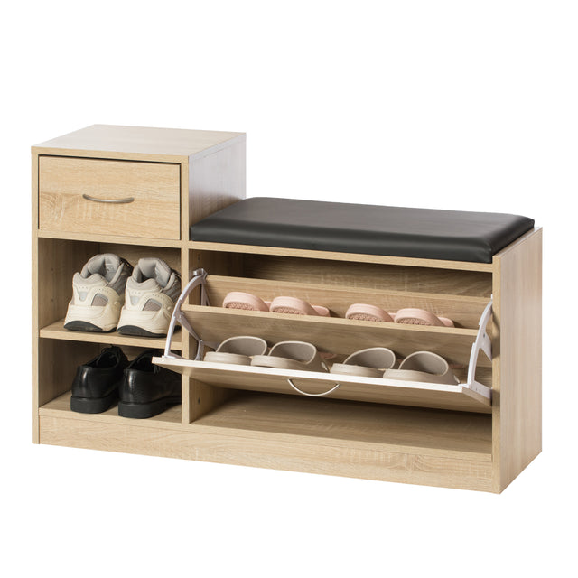 Wooden Entryway Shoe Storage Bench with Cushion, Oak - LEHADAR