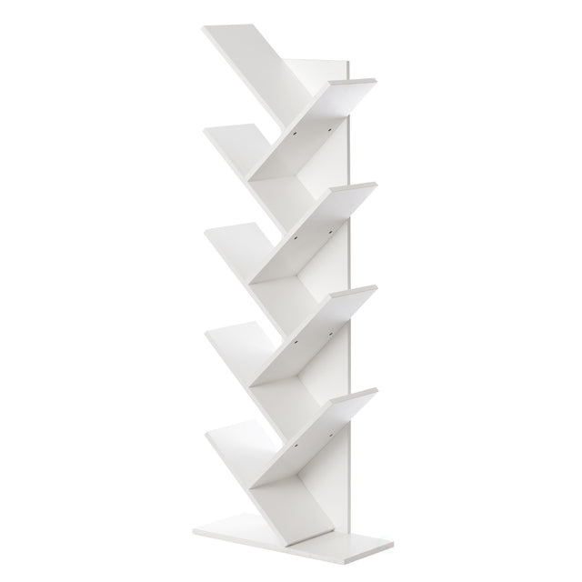 Wooden 9-Shelf Tree Magazine CD Storage Bookcase, White - LEHADAR