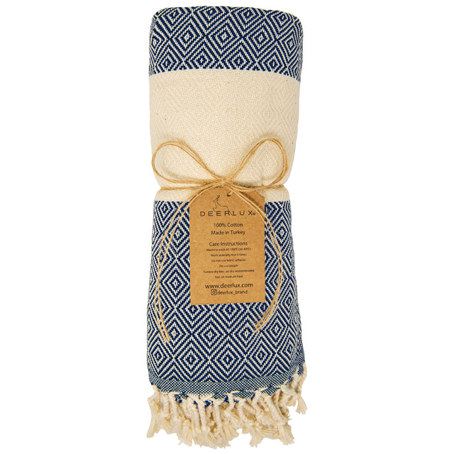 Deerlux 100% Cotton Turkish Bath Towel, 40" x 70" Diamond Peshtemal, Navy - LEHADAR