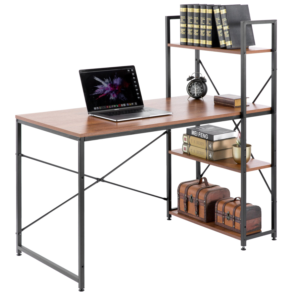 Wood and Metal Industrial Home Office Computer Desk with Bookshelves, Cherry - LEHADAR
