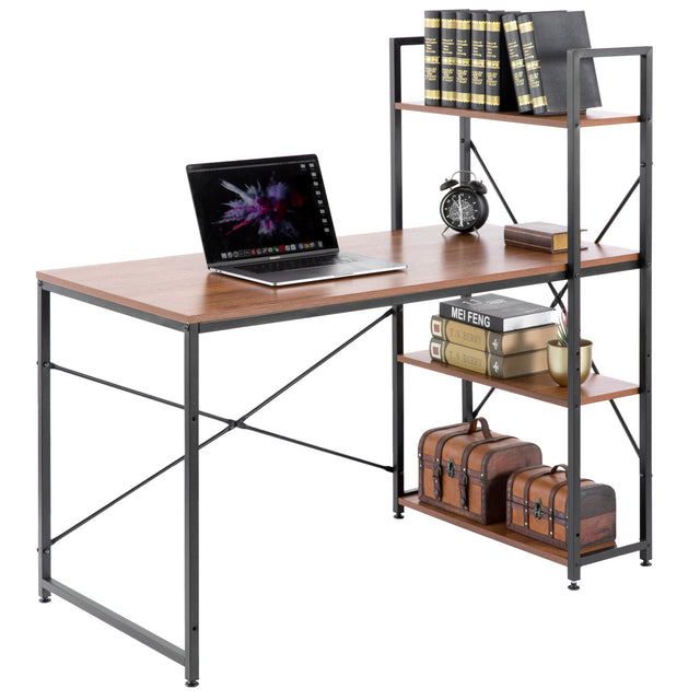 Wood and Metal Industrial Home Office Computer Desk with Bookshelves, Cherry - LEHADAR