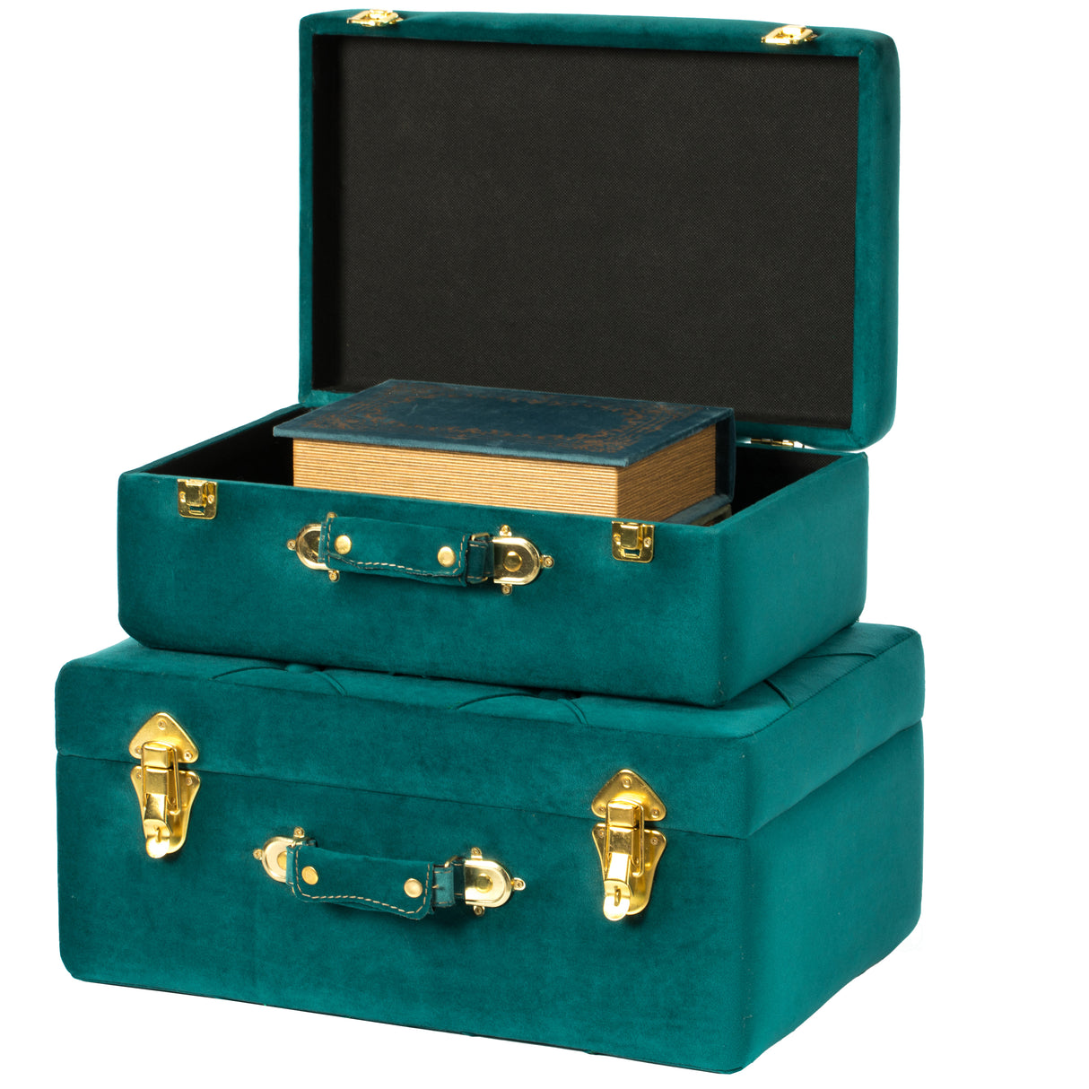 Decorative Tufted Velvet Suitcase Treasure Chest Set of 2, Green - LEHADAR