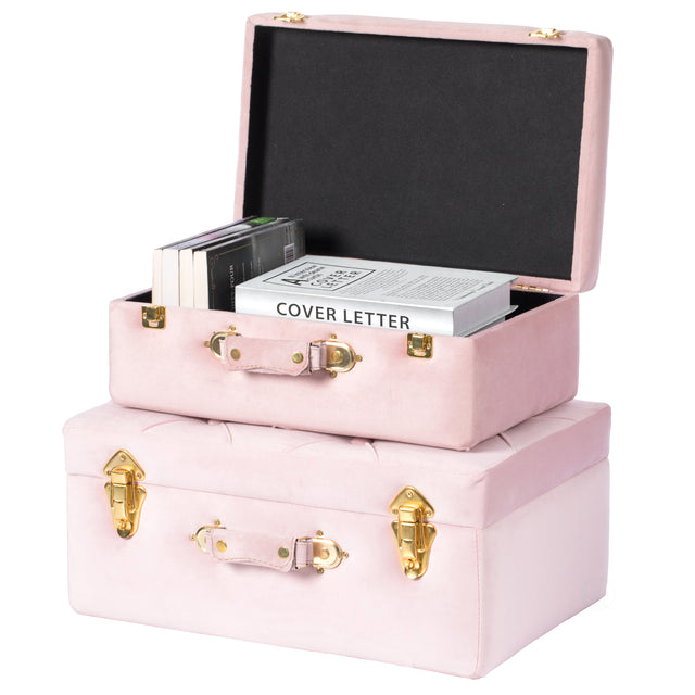 Decorative Tufted Velvet Suitcase Treasure Chest Set of 2, Pink - LEHADAR