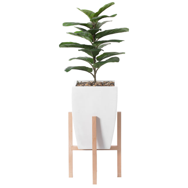 White Indoor Decorative Square Planter With Wooden Stand - LEHADAR