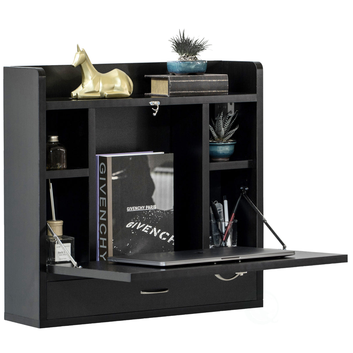 Wall Mount Folding Laptop Writing Computer or Makeup Desk with Storage Shelves and Drawer, Black - LEHADAR