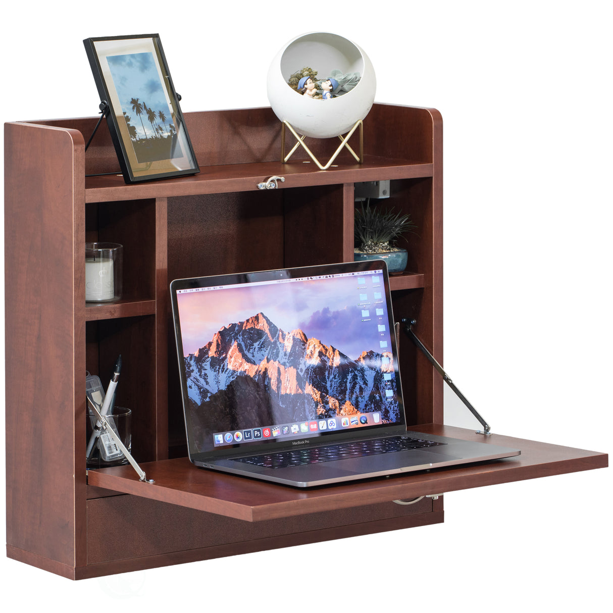 Wall Mount Folding Laptop Writing Computer or Makeup Desk with Storage Shelves and Drawer, Cherry - LEHADAR