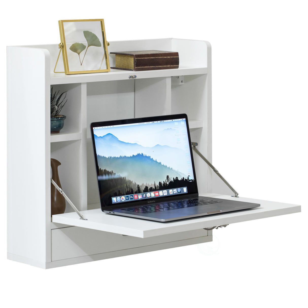 Wall Mount Folding Laptop Writing Computer or Makeup Desk with Storage Shelves and Drawer, White - LEHADAR