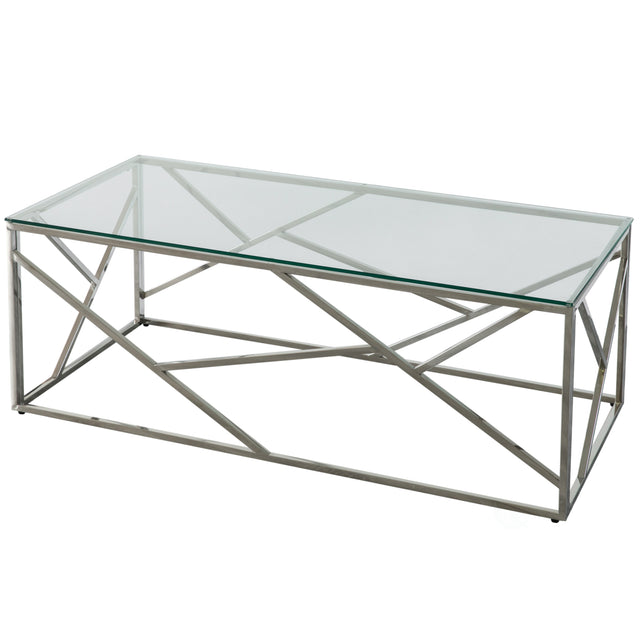 Decorative Rectangular Glass Top Metal Modern Coffee Table, Silver - LEHADAR