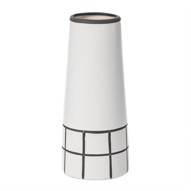 9.5" H Ceramic Modern Painted Grid Tapered Flower Table Vase, Black and White - LEHADAR