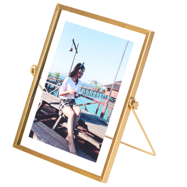 Modern Metal Floating Tabletop Photo Picture Frame with Glass Cover and Easel Stand, Gold 5" x 7" - LEHADAR