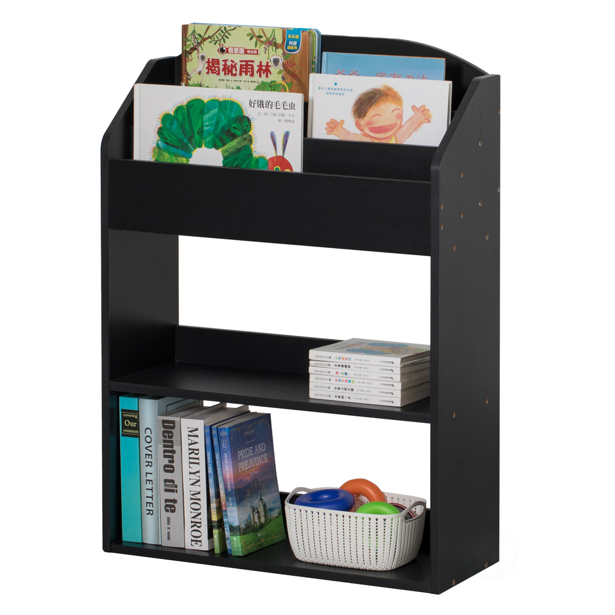 Black Modern Wooden Storage Bookcase with Shelf, Playroom Bedroom Living and Office - LEHADAR