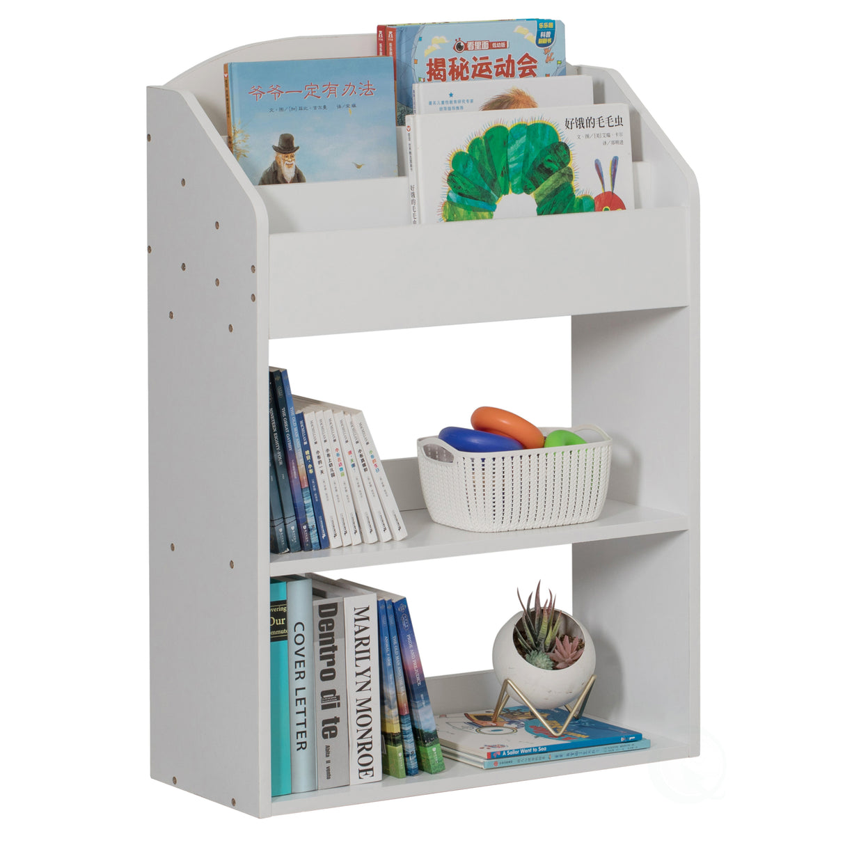 White Modern Wooden Storage Bookcase with Shelf, Playroom Bedroom Living and Office - LEHADAR