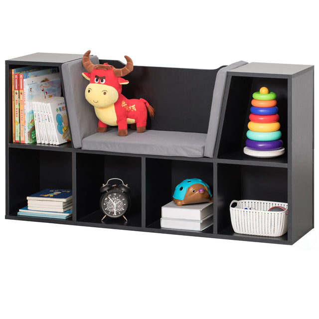 Black Modern Multi-Purpose Bookshelf with Storage Space and Gray Cushioned Reading Nook - LEHADAR