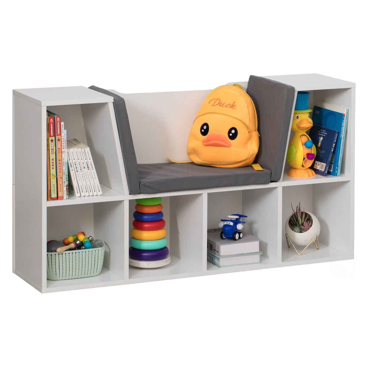 White Modern Multi-Purpose Bookshelf with Storage Space and Gray Cushioned Reading Nook - LEHADAR