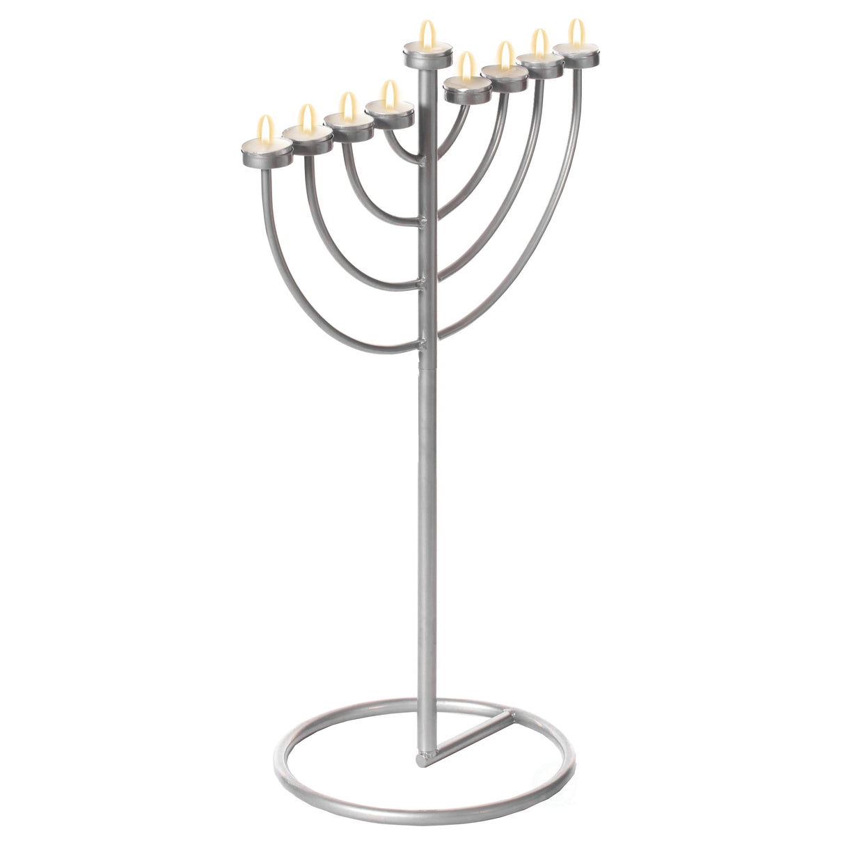 Small Modern Silver 9 Branch Lighting Thin Pipe Hanukkah Menorah, Metal-Aluminum