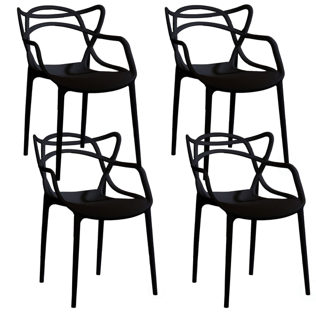 Mid-Century Modern Style Stackable Plastic Molded Arm Chair with Entangled Open Back, Set of 4 Black - LEHADAR