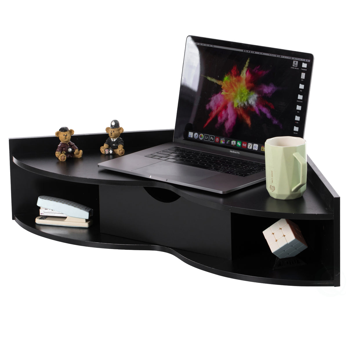 Black Corner Desk Heart Shaped Wall Mounted Office Table with Drawer and Two Shelves Computer Writing Desk - LEHADAR