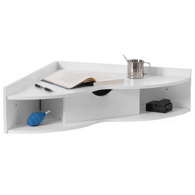 White Corner Desk Heart Shaped Wall Mounted Office Table with Drawer and Two Shelves Computer Writing Desk - LEHADAR