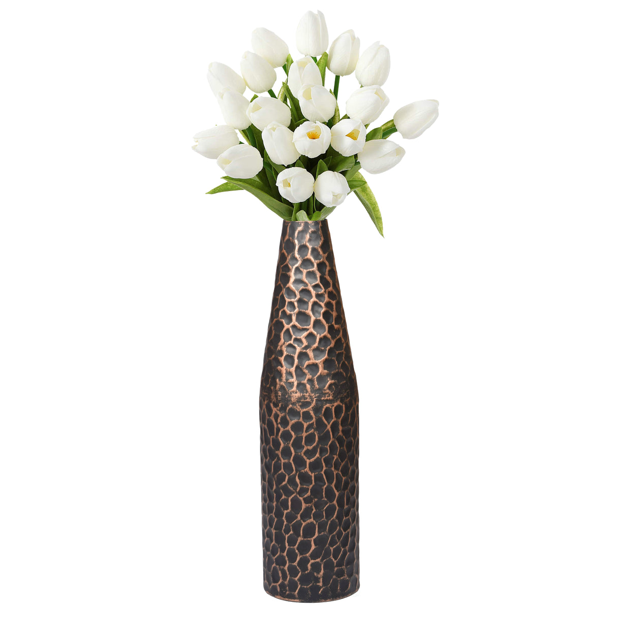 Hammered Metal Decorative Centerpiece Flower Table Vase Two Tone Black and Copper 18 Inch - LEHADAR