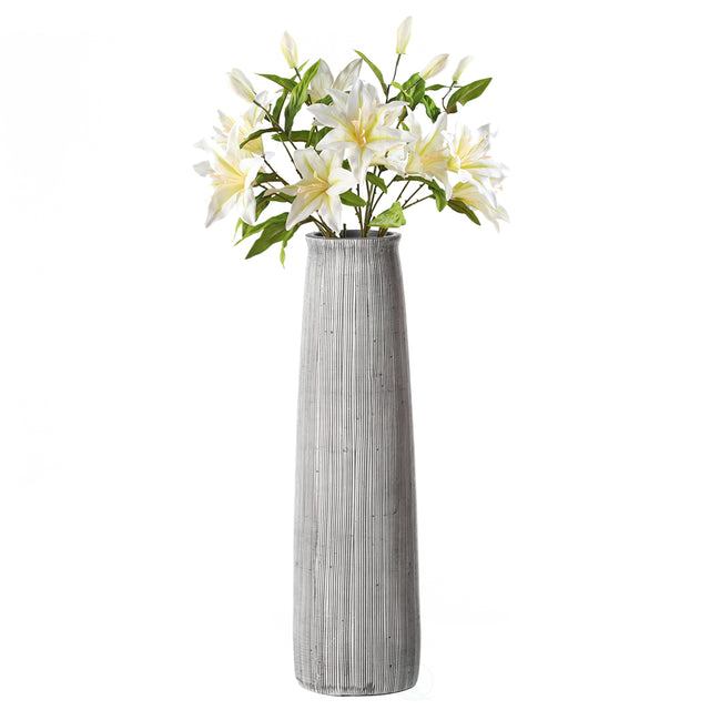 12 inch Tall Grey Striped Decorative Round Table Centerpiece Flower Vase Display Modern Home Decor Accent Stylish Elegant Ornamental Accessory Floral Arrangement Holder Living Room Dining Room Kitchen Decoration - LEHADAR