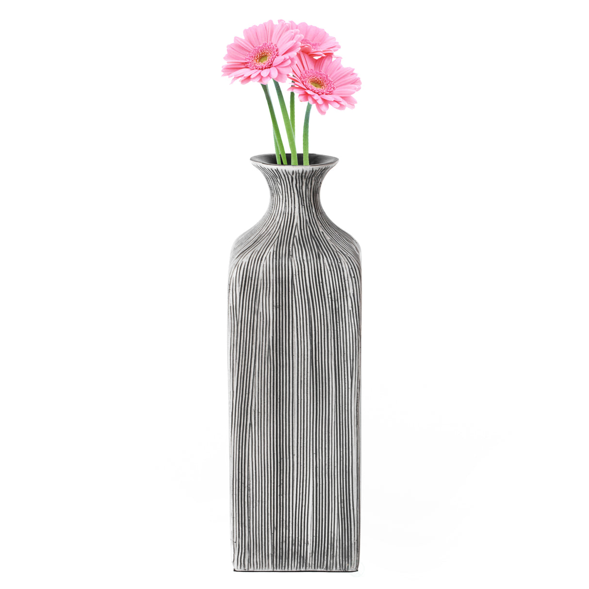 8 inch Tall Grey Striped Decorative Square Table Centerpiece Flower Vase Display Modern Home Decor Accent Stylish Elegant Ornamental Accessory Floral Arrangement Holder Living Room Dining Room Kitchen Decoration - LEHADAR