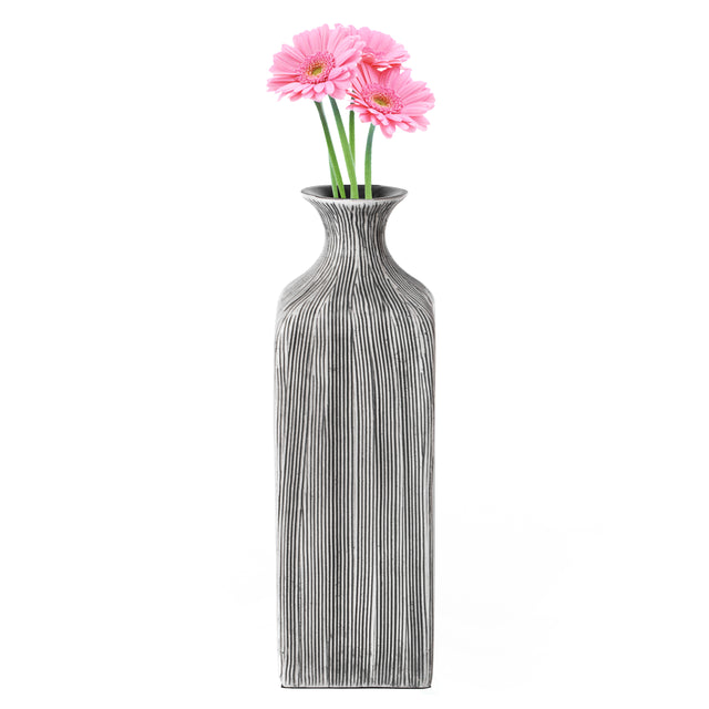 8 inch Tall Grey Striped Decorative Square Table Centerpiece Flower Vase Display Modern Home Decor Accent Stylish Elegant Ornamental Accessory Floral Arrangement Holder Living Room Dining Room Kitchen Decoration - LEHADAR