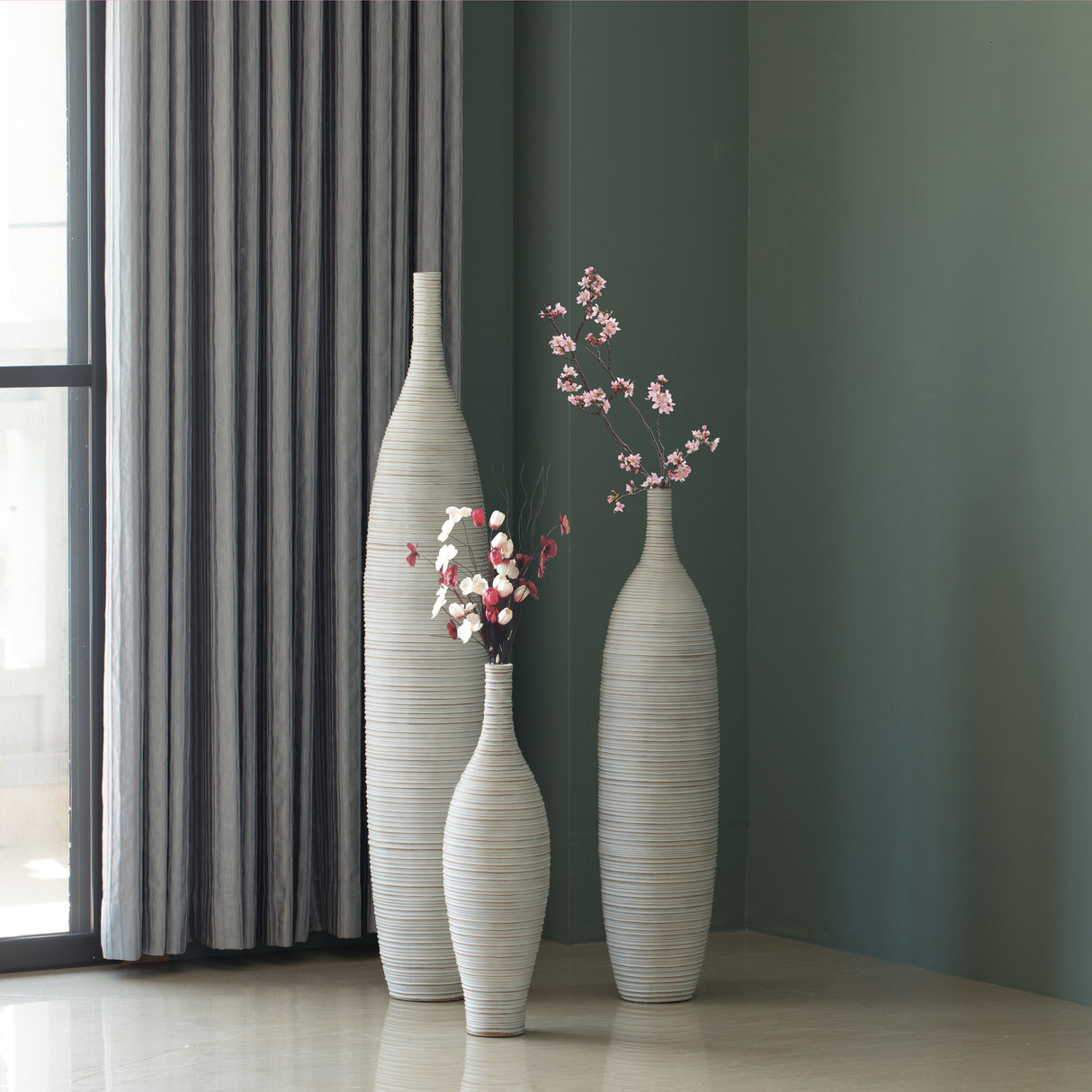 White Floor Vase, Ribbed Design, Modern Elegant Home Decoration, Tall Ceramic Vases, Contemporary Living Room Accent, Trendy Room Enhancement, Versatile Sculptural Look, Sophisticated D̩cor, Set of 3 - LEHADAR