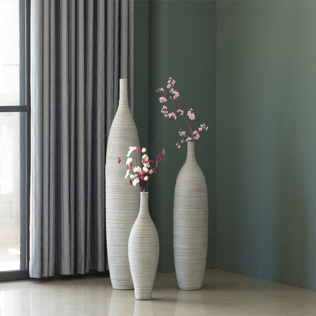 White Floor Vase, Ribbed Design, Modern Elegant Home Decoration, Tall Ceramic Vases, Contemporary Living Room Accent, Trendy Room Enhancement, Versatile Sculptural Look, Sophisticated D̩cor, Set of 3 - LEHADAR