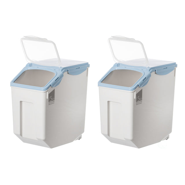 Set of 2 White Plastic Storage Food Holder Containers, with a Measuring Cup and Wheels, Large - LEHADAR