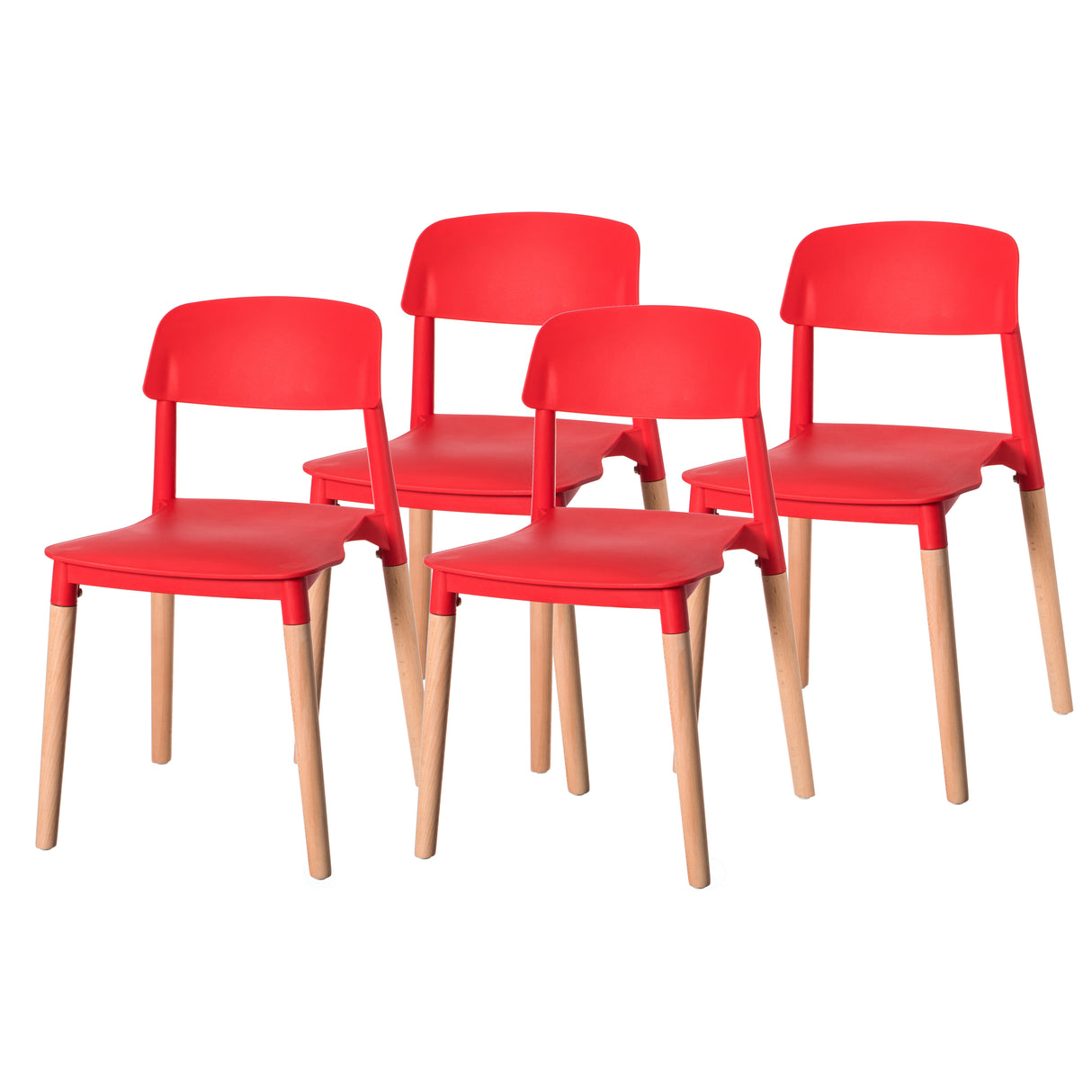 Modern Plastic Dining Chair Open Back with Beech Wood Legs, Red Set of 4 - LEHADAR