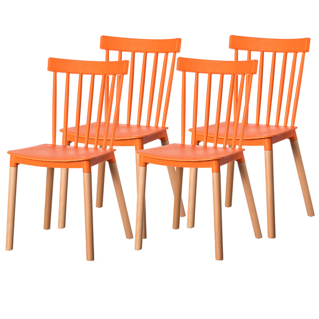 Modern Plastic Dining Chair Windsor Design with Beech Wood Legs, Orange Set of 4 - LEHADAR