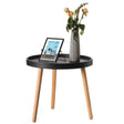 Modern Plastic Round Side Table Accent Coffee Table with Beech Wood Legs, Black - LEHADAR