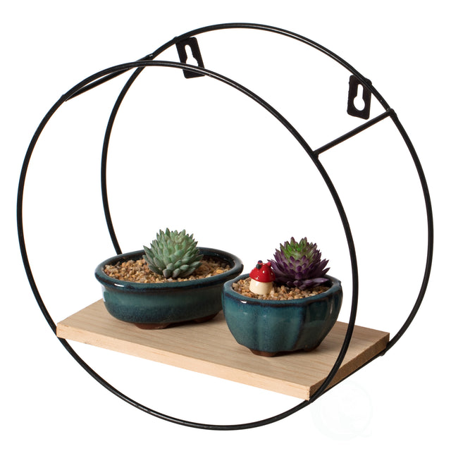 Round, Wooden Board with Metal Frame Wall Mount Floating Shelf for The Living Room, Dining Room, or Office - LEHADAR