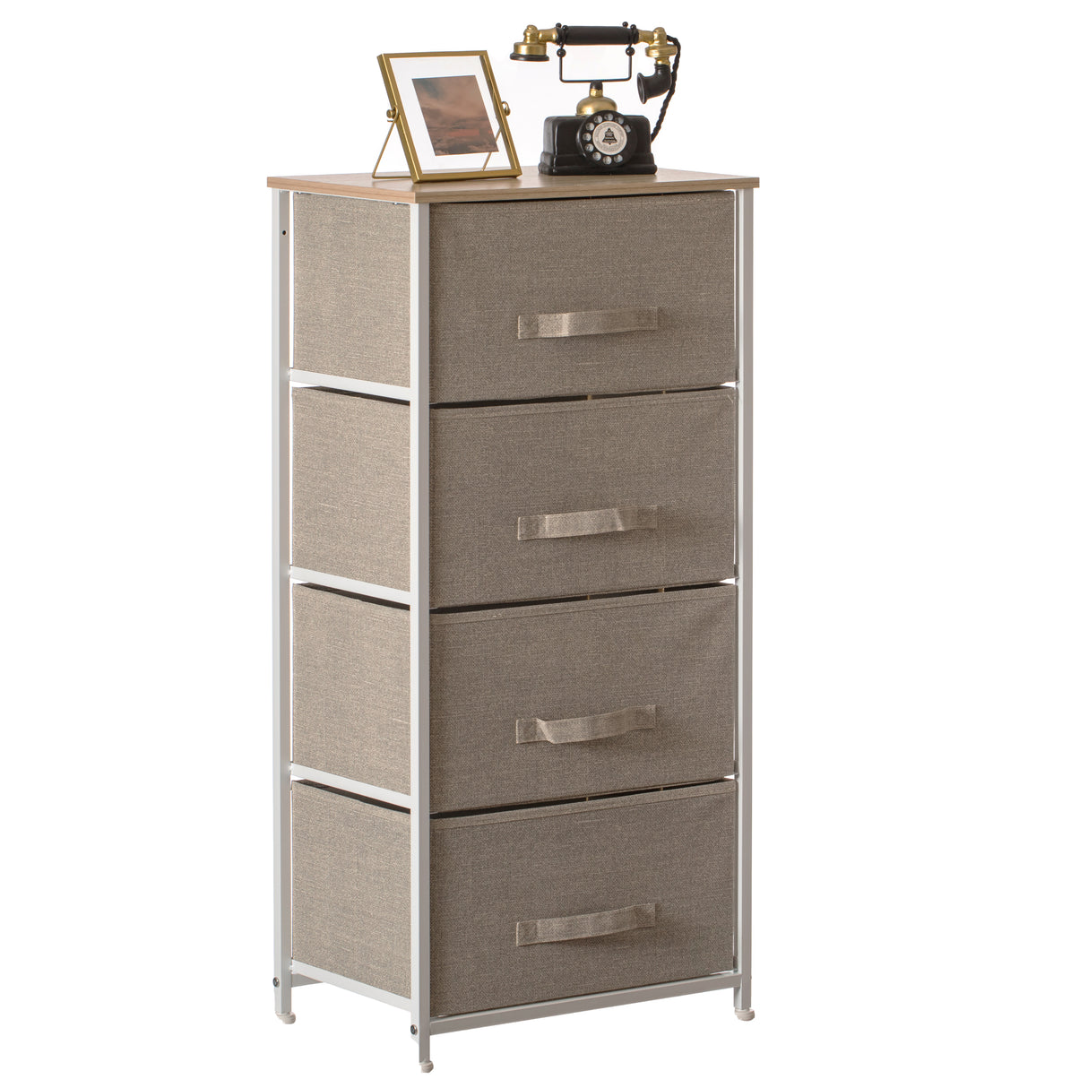 San Bins and White Frame Four Storage Night Chest and Storage Chest, Beige, 4 Drawers - LEHADAR
