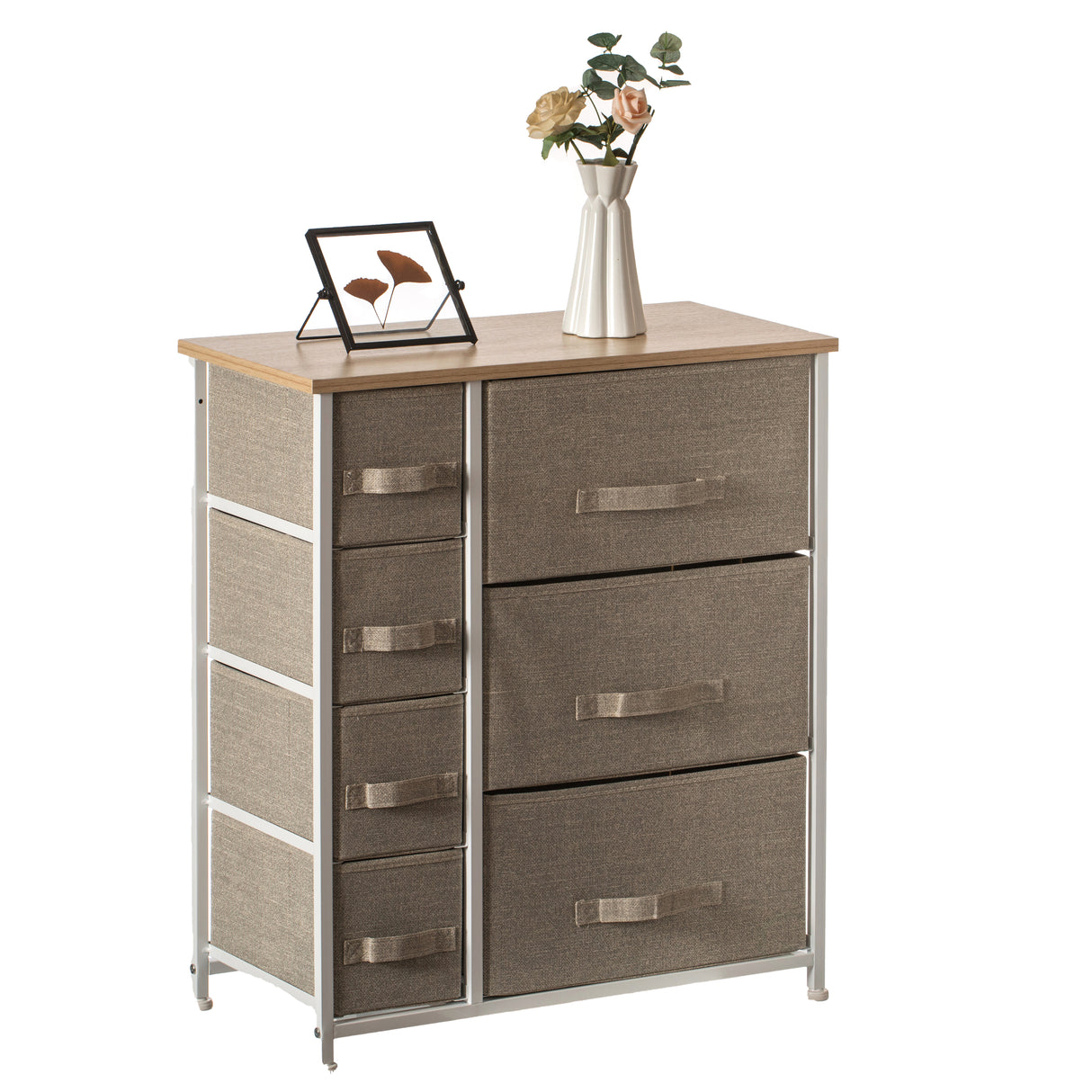 Sand Bins and White Frame Seven Storage Night Chest and Storage Chest, 2 Sizes Bins, Beige, 7 Drawers - LEHADAR