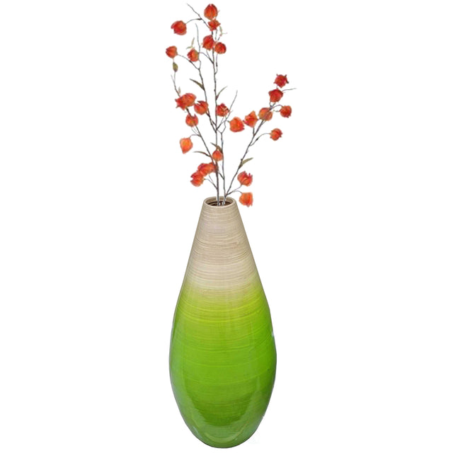 Contemporary Bamboo Floor Flower Vase Tear Drop Design for Dining, Living Room, Entryway Decoration Fill It with Dried Branches or Flowers, Small Green - LEHADAR