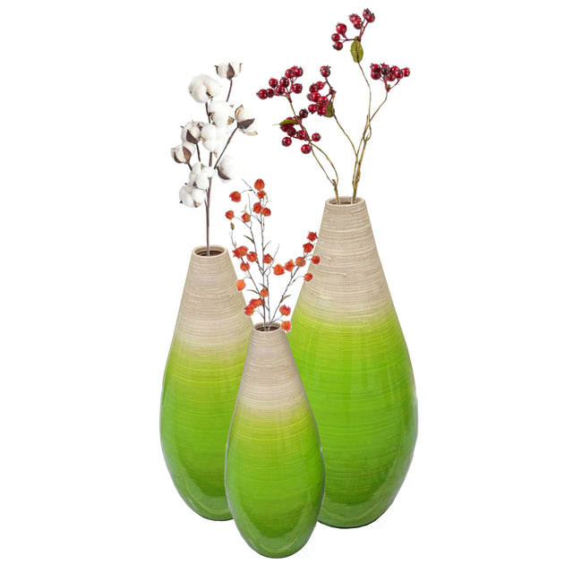 Contemporary Bamboo Floor Flower Vase Tear Drop Design for Dining, Living Room, Entryway Decoration Fill It with Dried Branches or Flowers, Set of 3 Green - LEHADAR