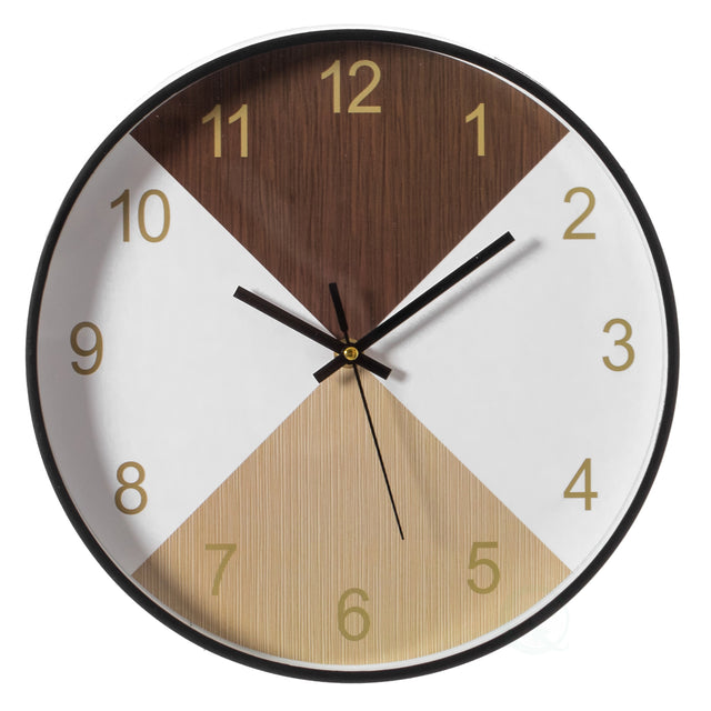 Decorative Modern Round Wood- Looking Plastic Wall Clock for Living Room, Kitchen, or Dining Room, Brown and Beige - LEHADAR