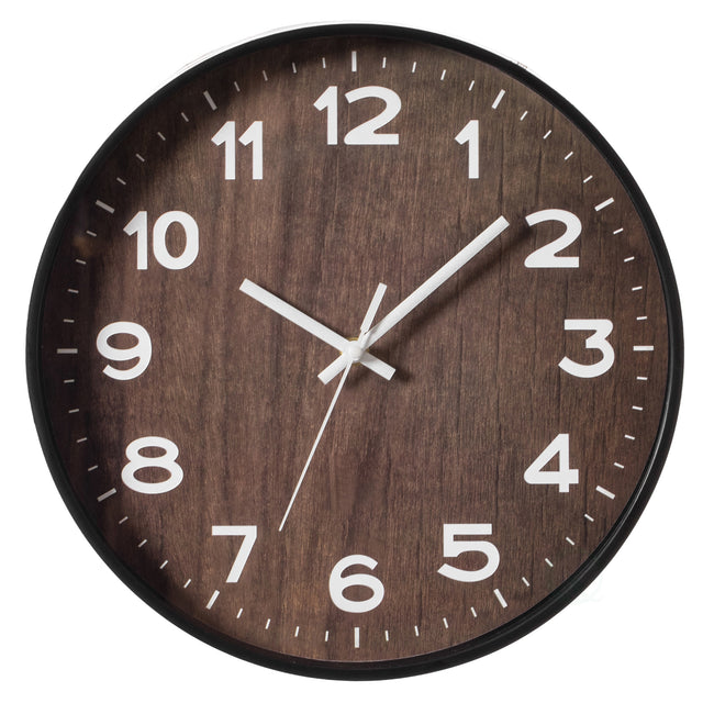 Decorative Modern Round Wood- Looking Plastic Wall Clock for Living Room, Kitchen, or Dining Room, Brown - LEHADAR