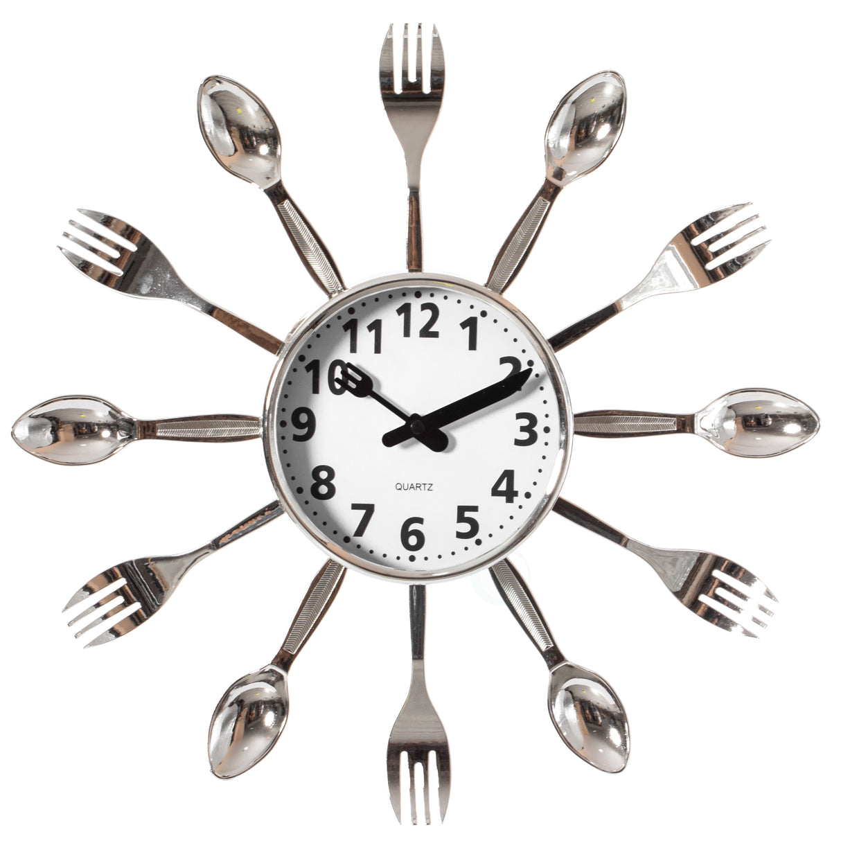 Decorative 3D Cutlery Utensil Spoon and Fork Wall Clock for Kitchen, Playroom or Bedroom, Silver