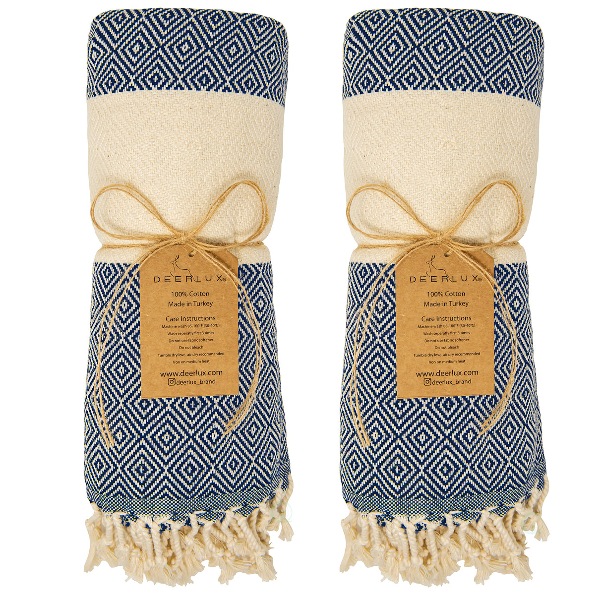 Deerlux 100% Cotton Turkish Bath Towel, 40" x 70" Diamond Peshtemal Set of 2, Navy - LEHADAR