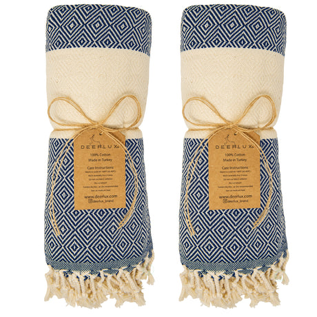 Deerlux 100% Cotton Turkish Bath Towel, 40" x 70" Diamond Peshtemal Set of 2, Navy - LEHADAR