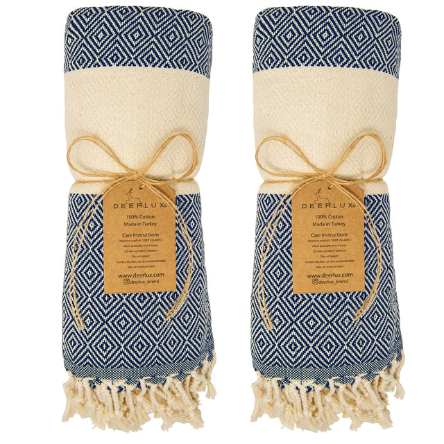 Deerlux 100% Cotton Turkish Bath Towel, 40" x 70" Diamond Peshtemal Set of 2, Navy - LEHADAR